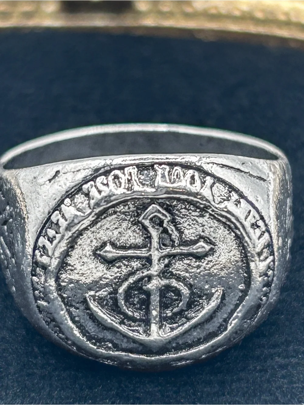 Gothic Signet Ring Anchor & Compass Rose Silver Tone Size 13.5